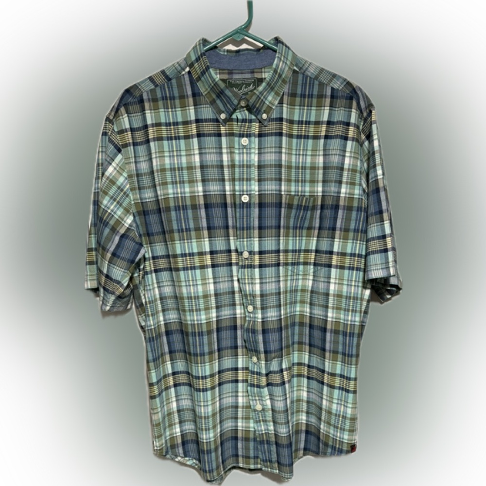 Woolrich Men's Large Green and Blue Plaid Button Down Shirt